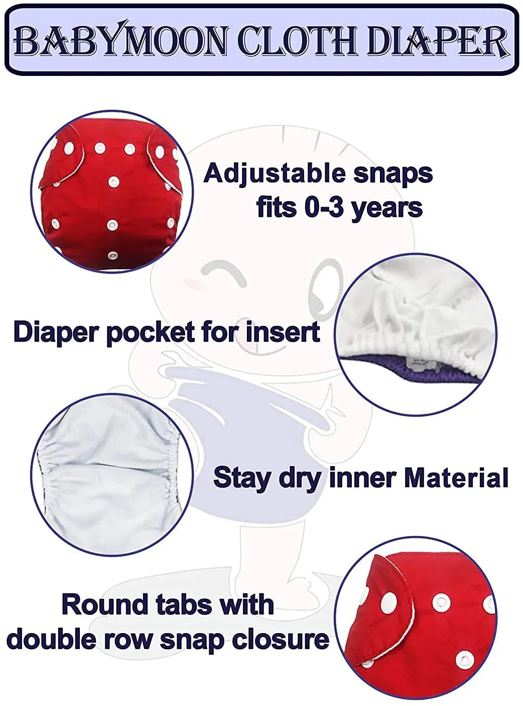 Babymoon 1 Cloth Diaper with 5Layers Grey Insert Premium Adjustable Reusable Cloth Diaper (Pink Circular)