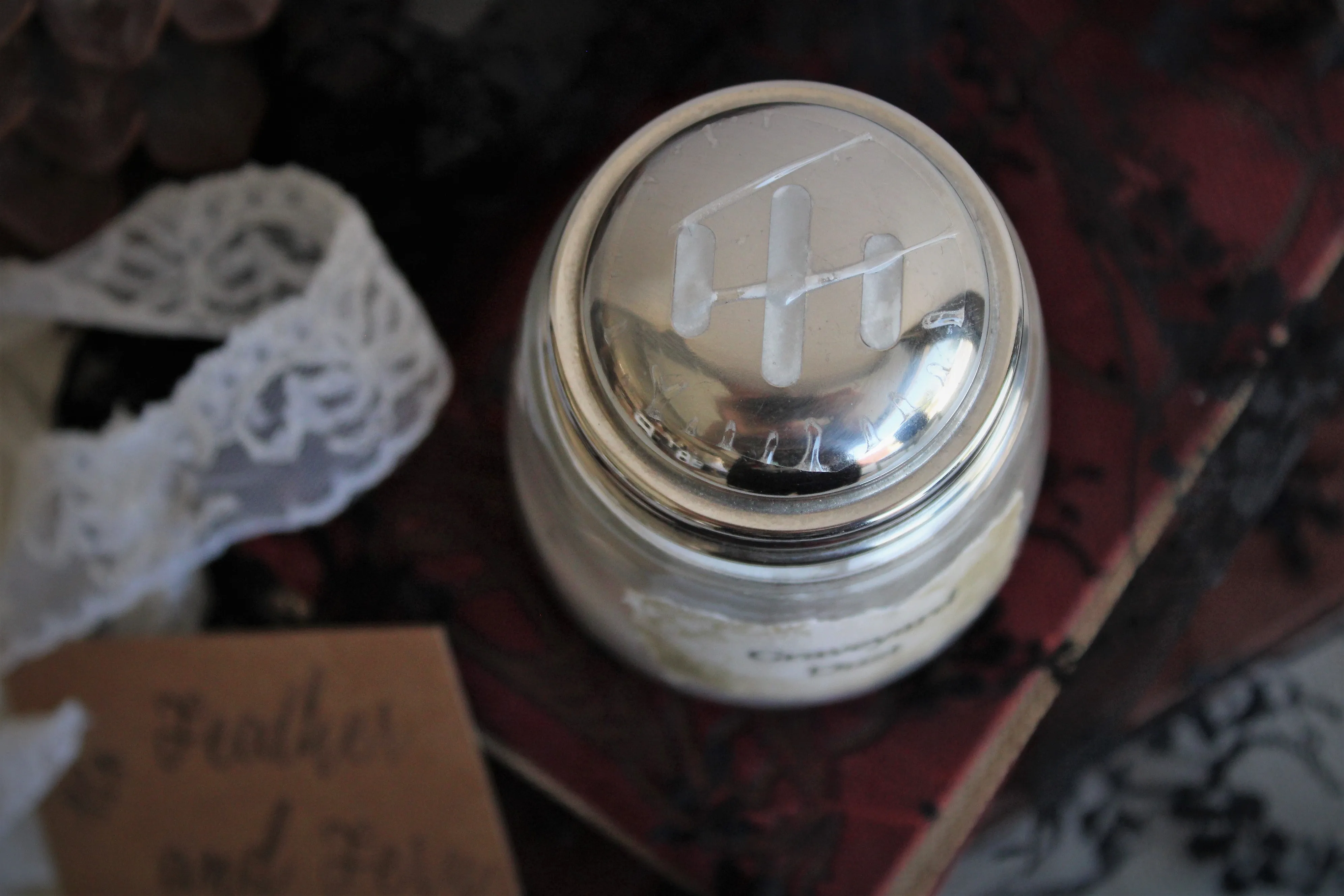 "Graveyard Dust" Scented Talc Free Body Powder in a Vintage Shaker Jar